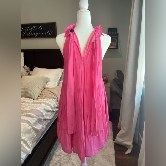 Vici-HALTER TIERED MINI DRESS - HOT PINK - Picture 5 of 6